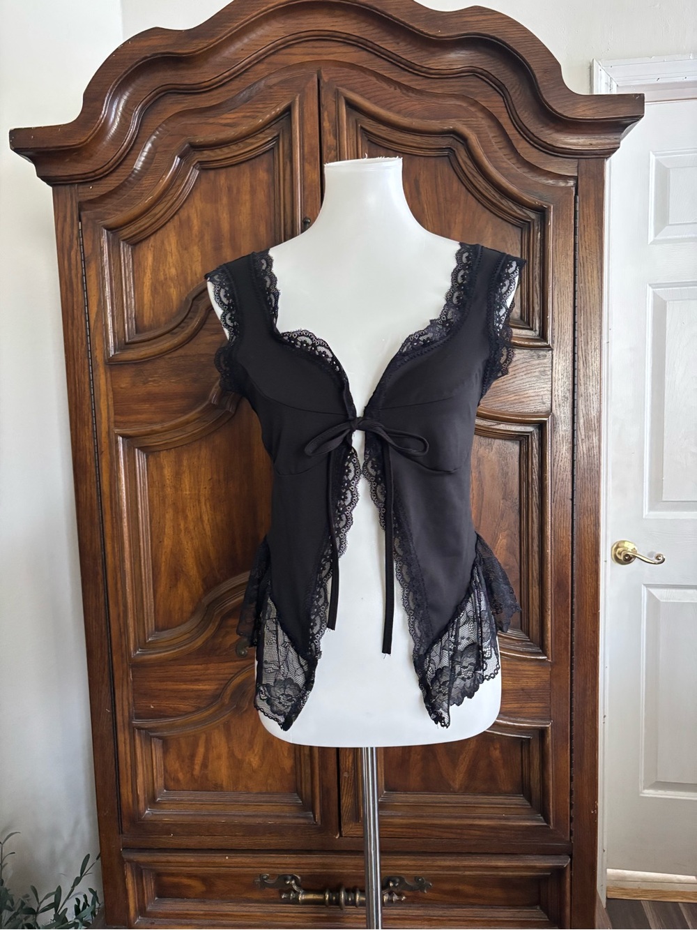 Shein black lace tie front blouse top